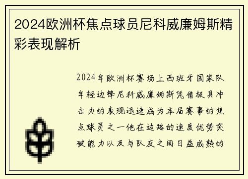 2024欧洲杯焦点球员尼科威廉姆斯精彩表现解析